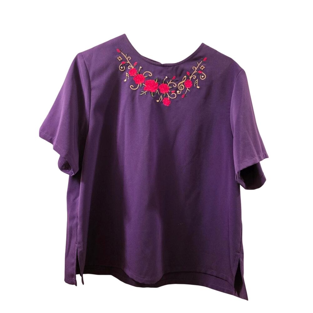 Vtg Red Flower Embroidered Purple Blouse Womens PM Cottagecore Boho Grandmacore